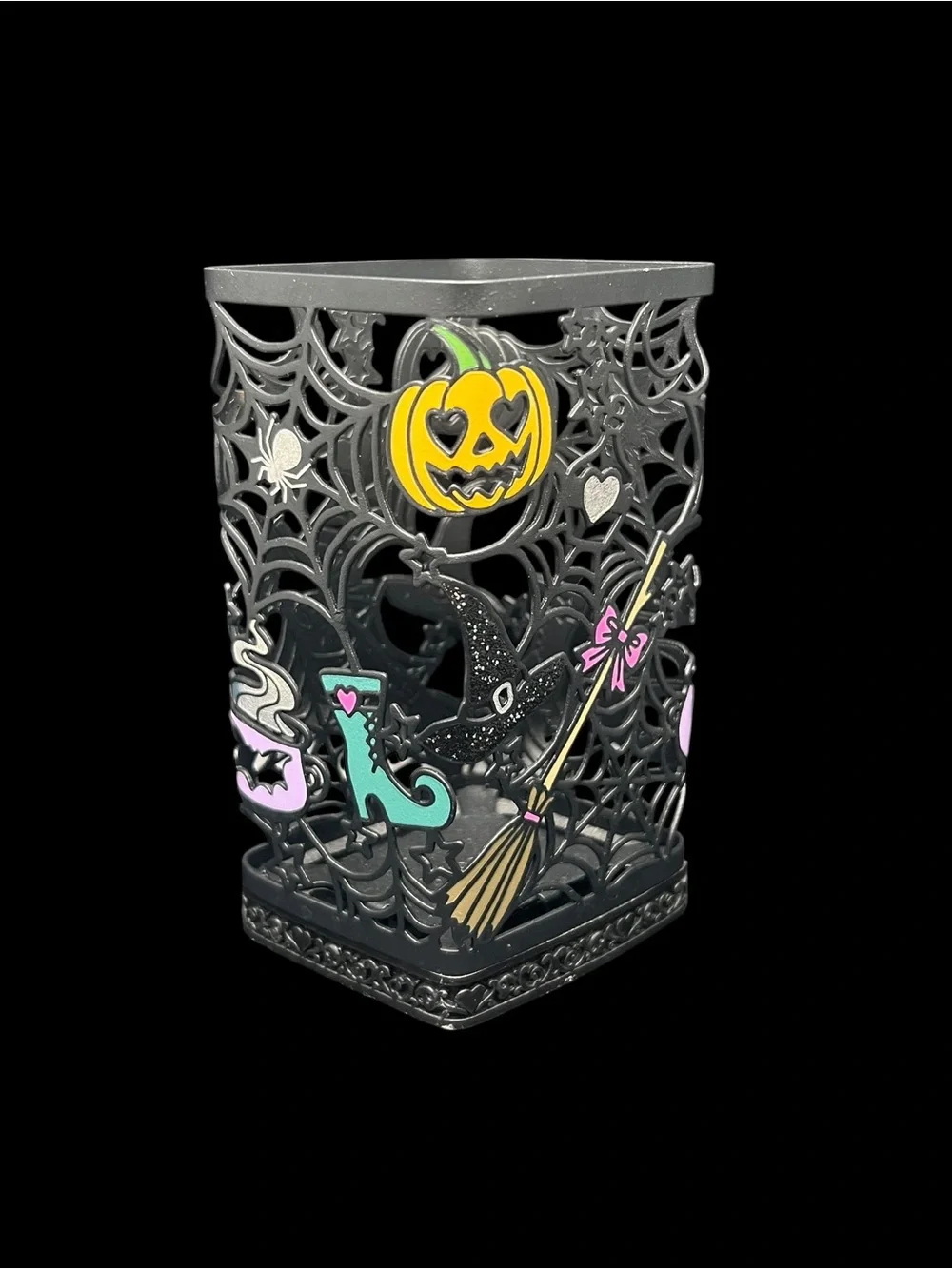 Halloween Witch Decorative Candle Holder - Black with Orange, Purple & Green
